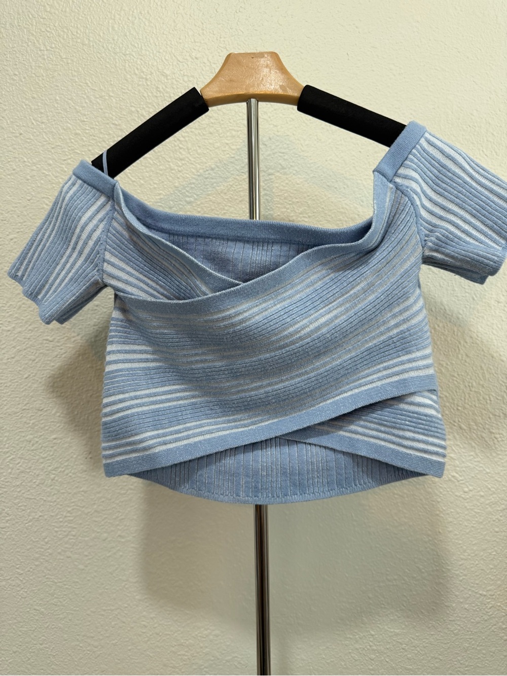 aerie Light Blue Off-Shoulder Striped Ribbed Crop Top